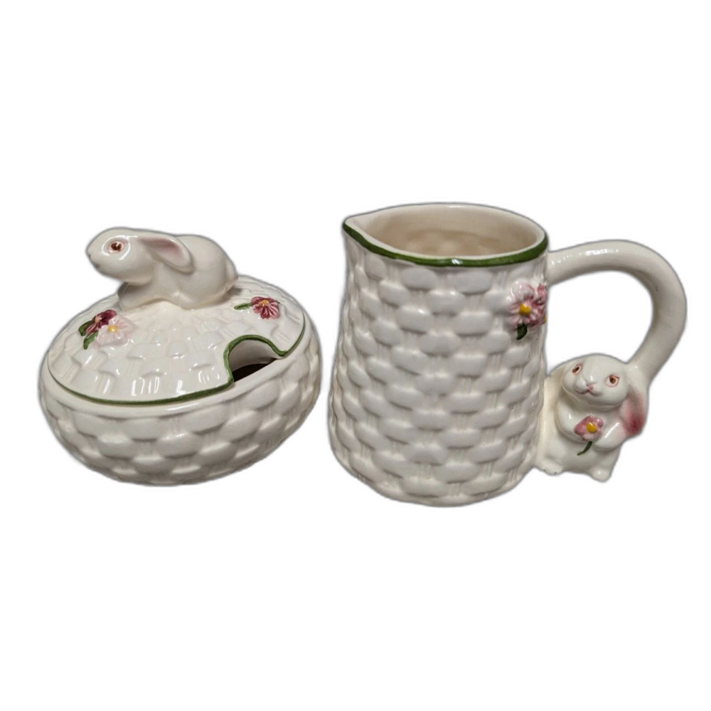 Vintage 1994 Avon Bunny Sugar & Creamer Set - White Basket Weave Easter Rabbit